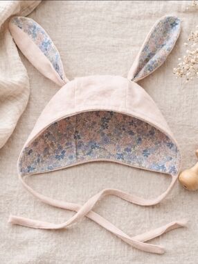 Alimrose Bunny Ear Bonnet Baby Hat Pink Floral Lined Heirloom Boutique 0-12M
